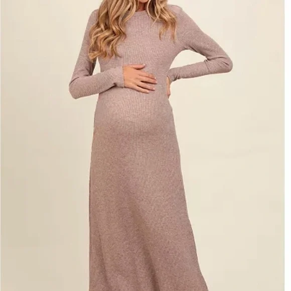 Mocha Ribbed Knit Side Slit Maternity Midi Dress - Picture 1 of 3